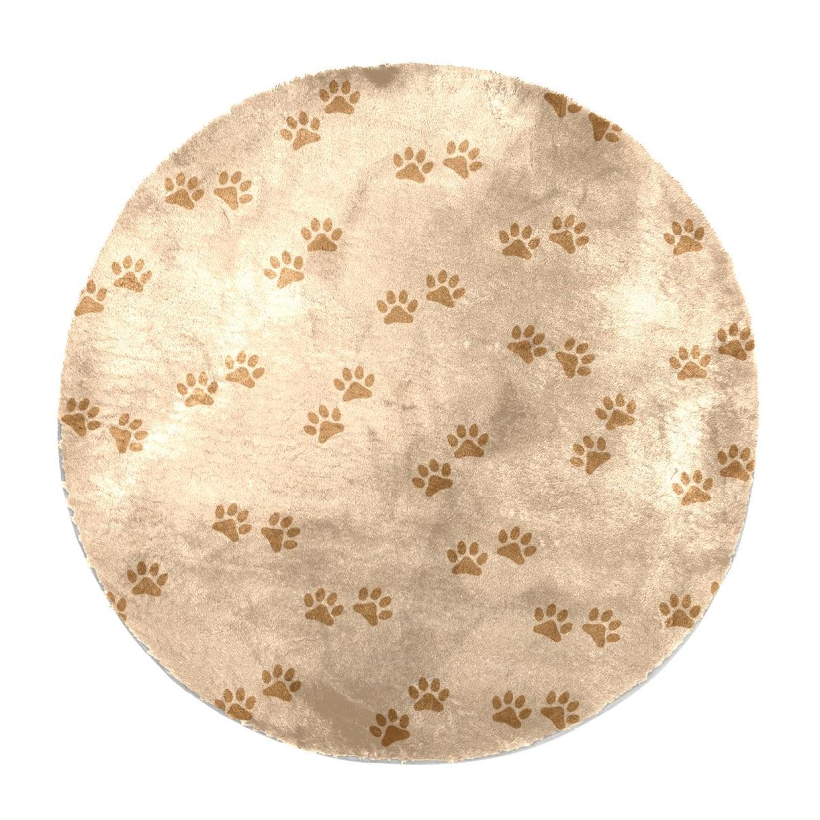 Tapis poils longs salon 120 cm marron clair rond style shaggy motifs pattes