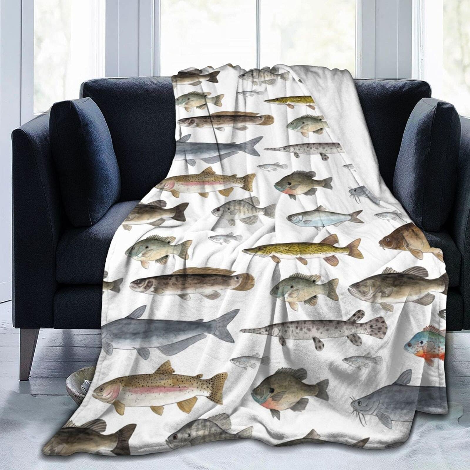 Trendy Flannel Fleece Throw Blanket, Watercolor Few Freshwater Fish Cartilaginous Fish Marine Life Throw for Better Sleep, Warm Air Conditioning Blanket 50"X40"