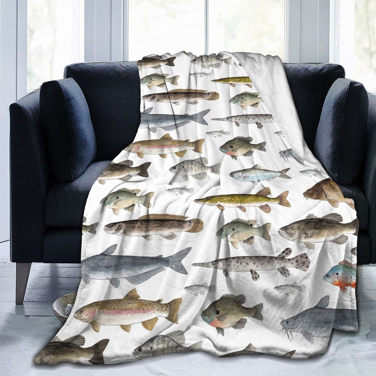 Trendy Flannel Fleece Throw Blanket, Watercolor Few Freshwater Fish Cartilaginous Fish Marine Life Throw for Better Sleep, Warm Air Conditioning Blanket 50"X40"