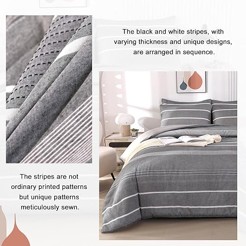 Miniatura 6 de ENJOHOS Juegos de edredón tamaño Queen  Juego de cama Queen de 7 piezas en una bolsa con sábanas, juego de edredón a rayas grises y blancas para