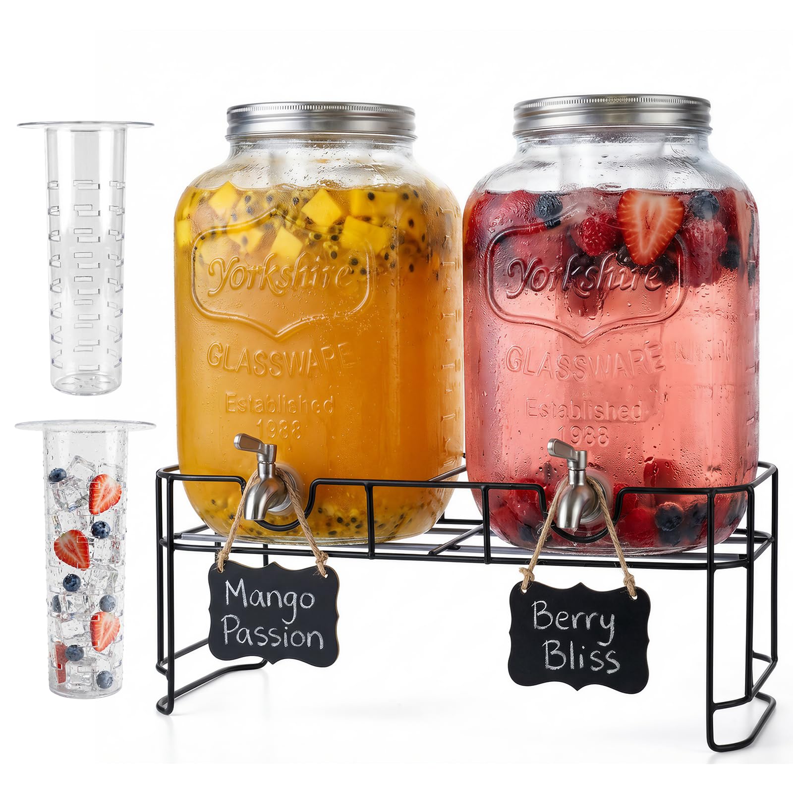 2 Gallon Glass Drinks For Parties With Stand.Stainless Steel Spigots & Metal Stand,Large Capacity Beverage Dispenser for Party,Infused Water,Iced Tea,Lemonade,Outdoor,Commercial Use.