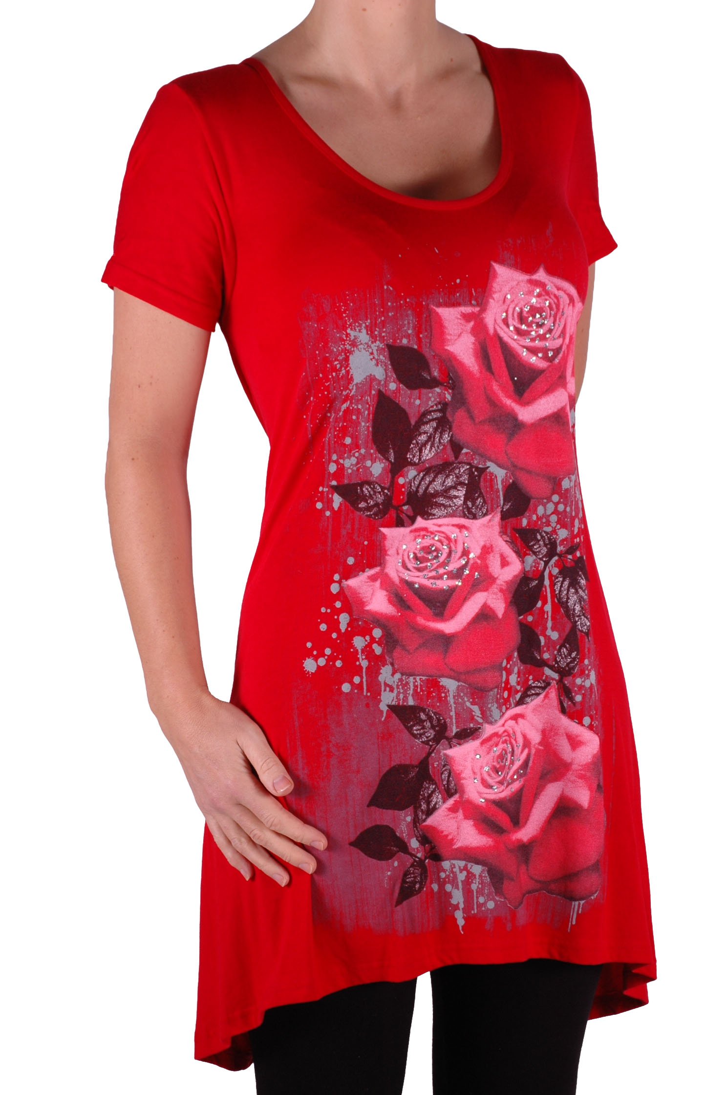 Eye Catch Plus - Tulip Long Draped Ladies Rose Motif Short Sleeve Stretch Top - Comfortable and Adjustable - Sizes 14-28