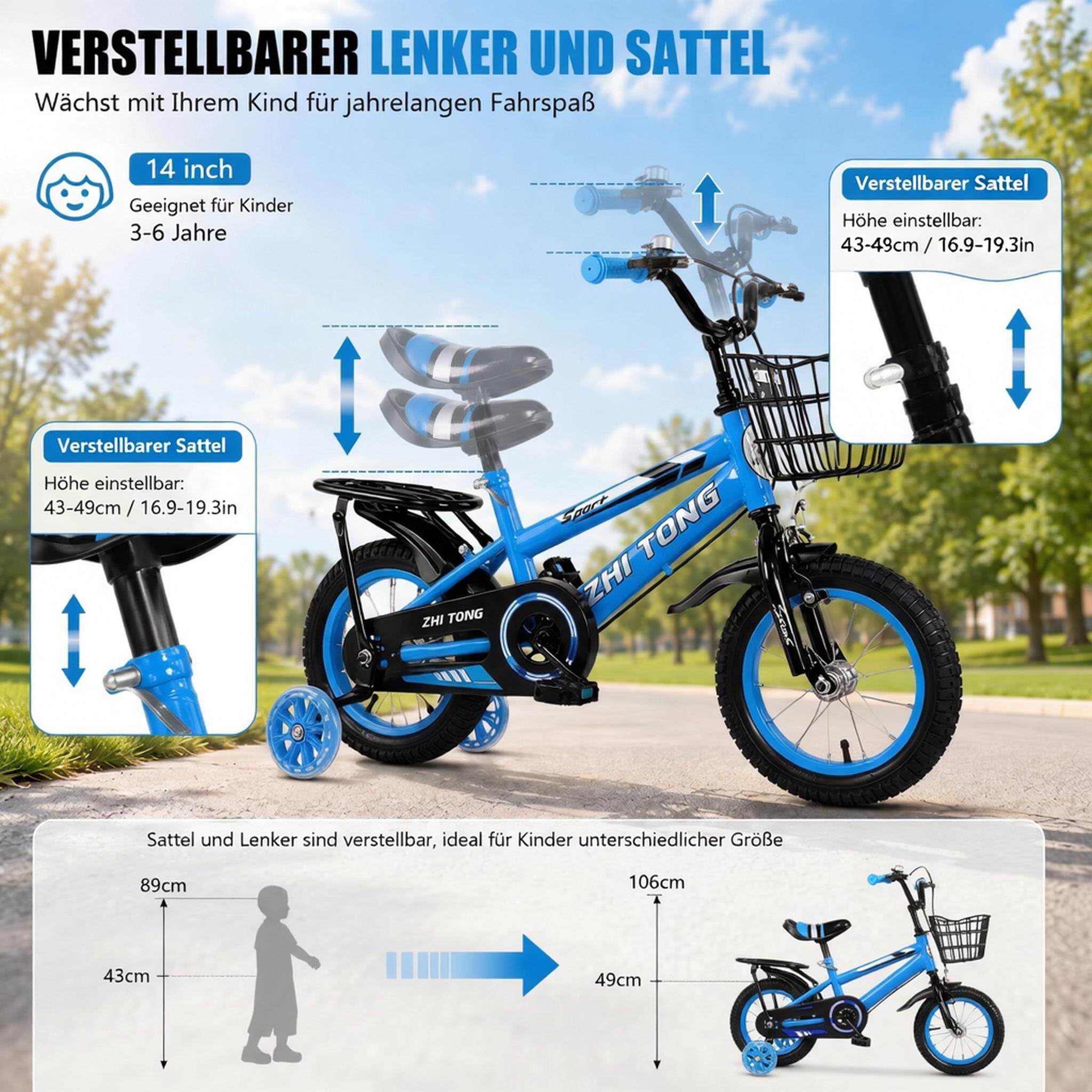 Kinderfahrrad für ab 2 3 4 5 Jahre Mädchen & Jungen, 14 Zoll Kinderfahrräder mit Stützrädern, Höhenverstellbar Kinderfahrrad mit Korb und Rücksitz, Fahrrad für Schulung Outdoor