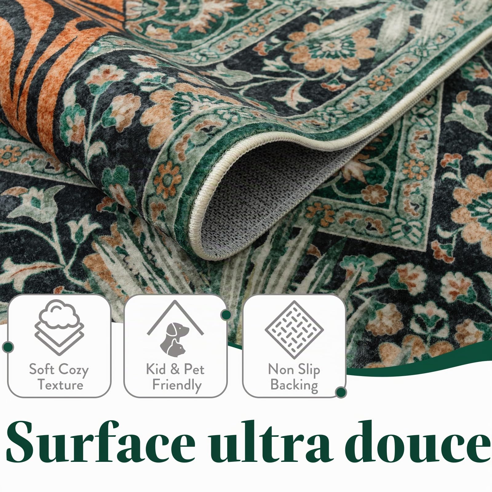 Moynesa Tiger – Tapis bohème Lavable pour Salon, Chambre à Coucher, Tapis Vert Ultra Fin, Vintage, résistant aux Taches, pour Bureau, Salle à Manger