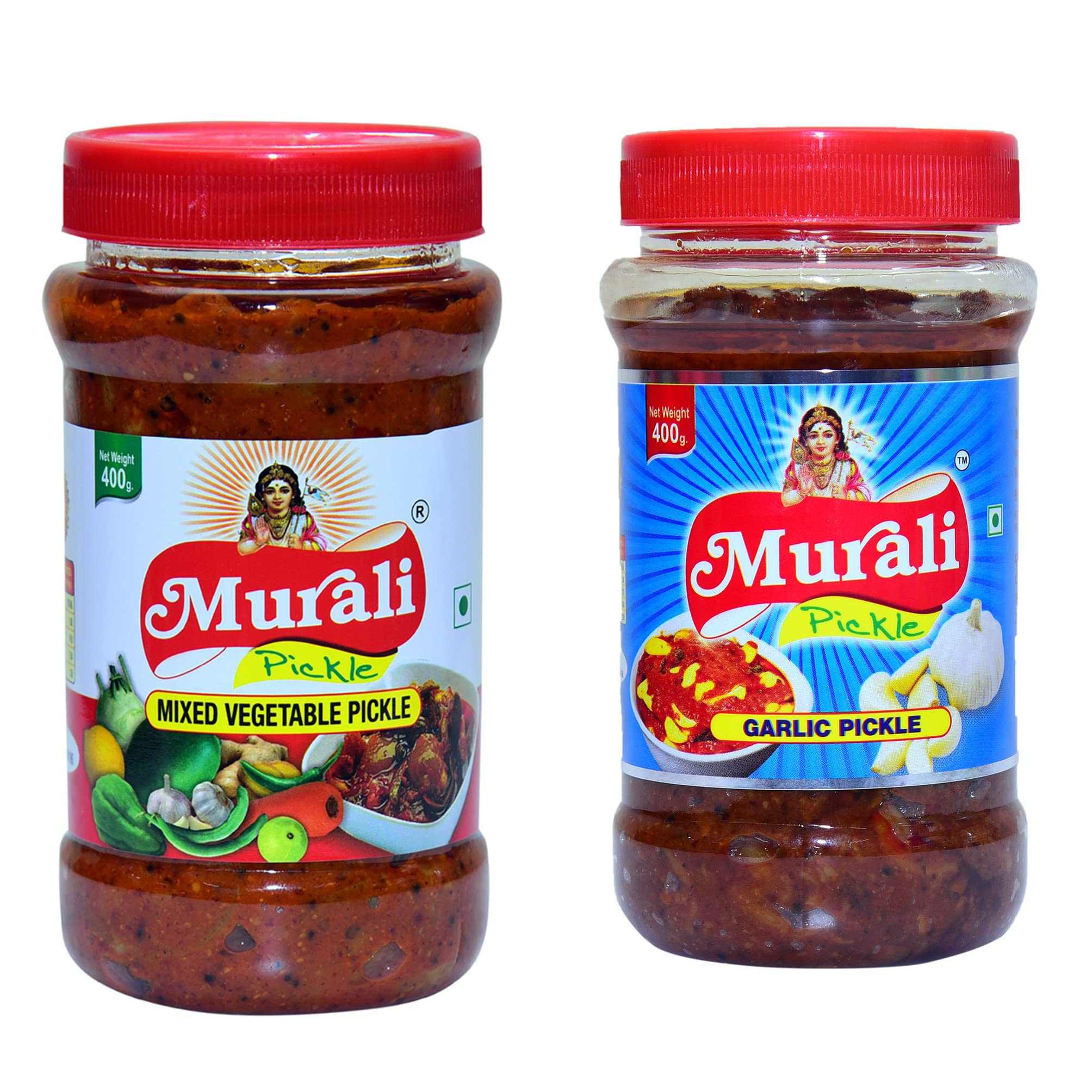 Muralipickles Vegetarian Mixed Vegetable & Garlic Two Different Flavors Combo Jars 400g, (Pack of 2)