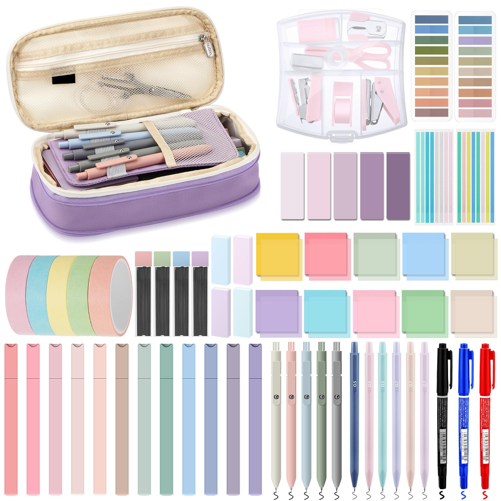 Sinload Kit de anotación de libro estético de 60 piezas, estuche con marcador de gel, lápiz mecánico, marcadores magnéticos, pestañas adhesivas transparentes, mini suministros de oficina (morado)