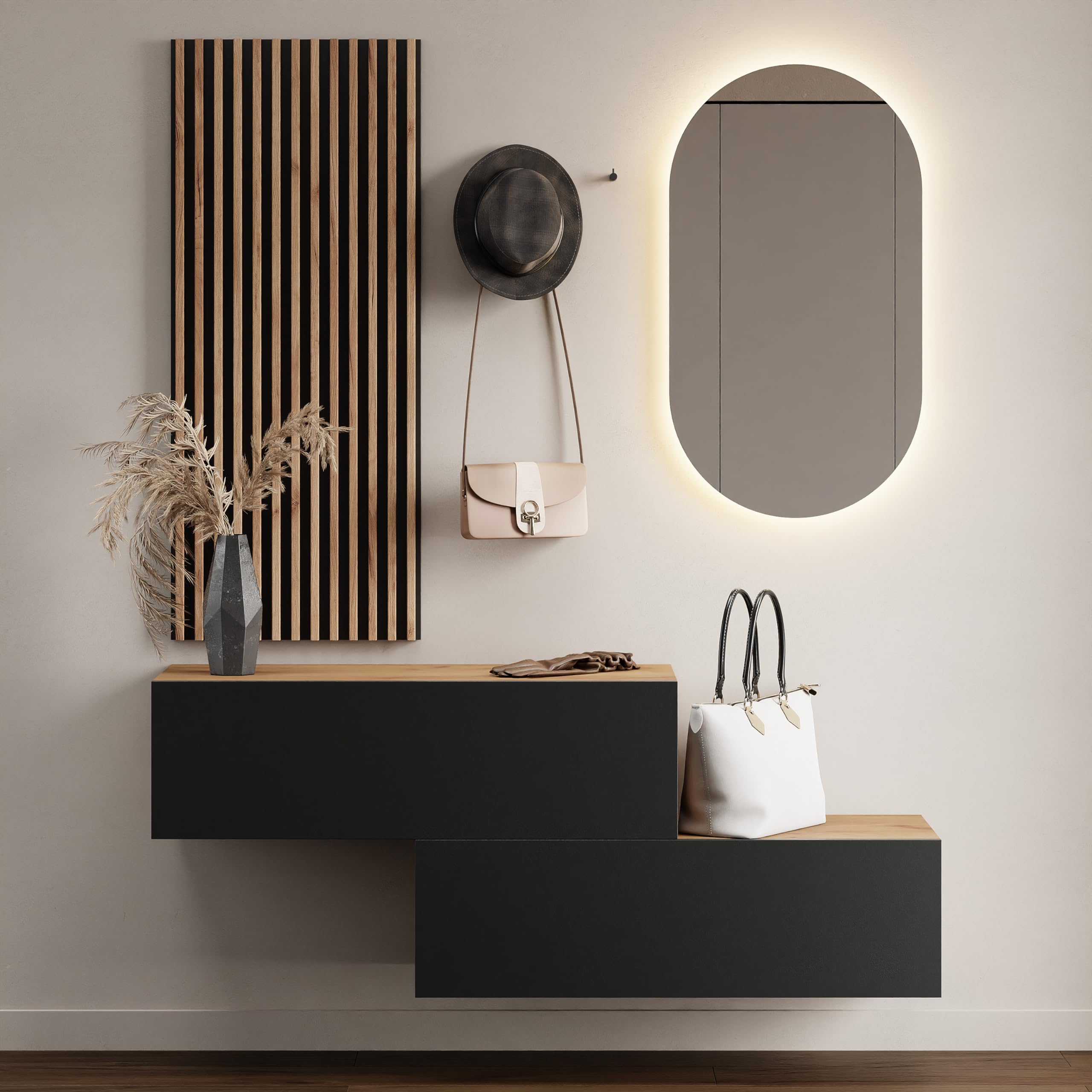 Planetmöbel - Mueble de entrada, 2 x 100 cm, roble dorado/antracita, panel de pared 50 cm, roble dorado/antracita, espejo de 50 cm (sin LED), 32,5 x 100 x 37,8 cm (alto x ancho x profundidad)