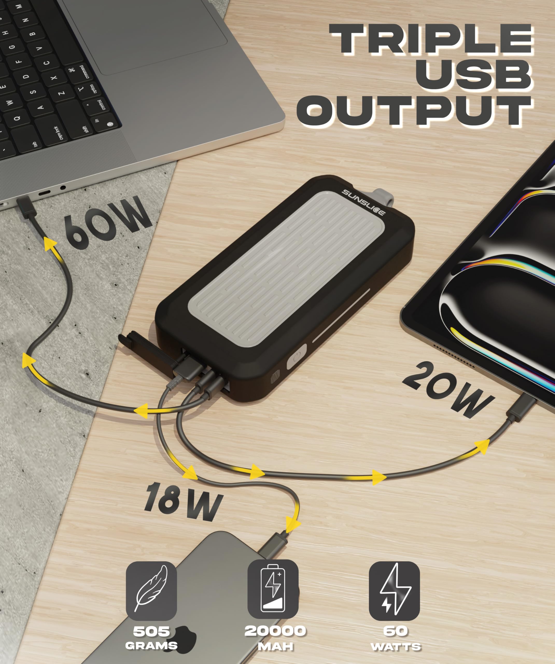 Batería Externa Gravity 20 Extreme Pro 20000 mAh con USB-C PD 60W, USB-C PD 20W y USB-A QC3.0 18W, Power Bank Robusta Resistente a Golpes y Salpicaduras, Carga rápida para portátil, Tablet y Viaje