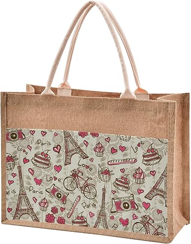 Sinestour Paris - Bolsa de yute vintage con asa de yute y bolsillo de lona, bolsas de yute para regalo de playa, Varios colores