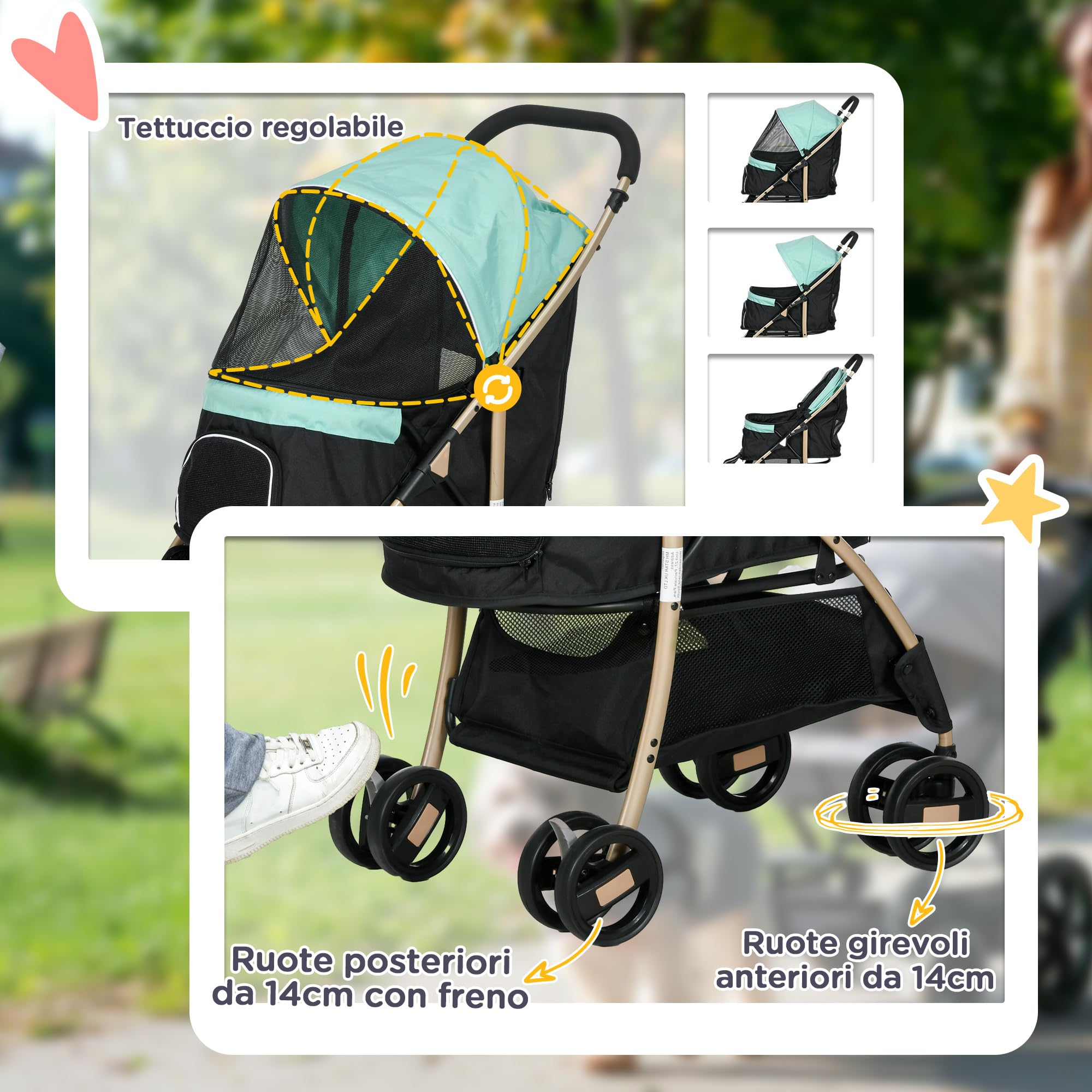PawHut Passeggino per Cani Piccoli e Mini, Passeggino per Animali Pieghevole con Copertura Antipioggia, Cestino e Guinzaglio Integrato, Verde