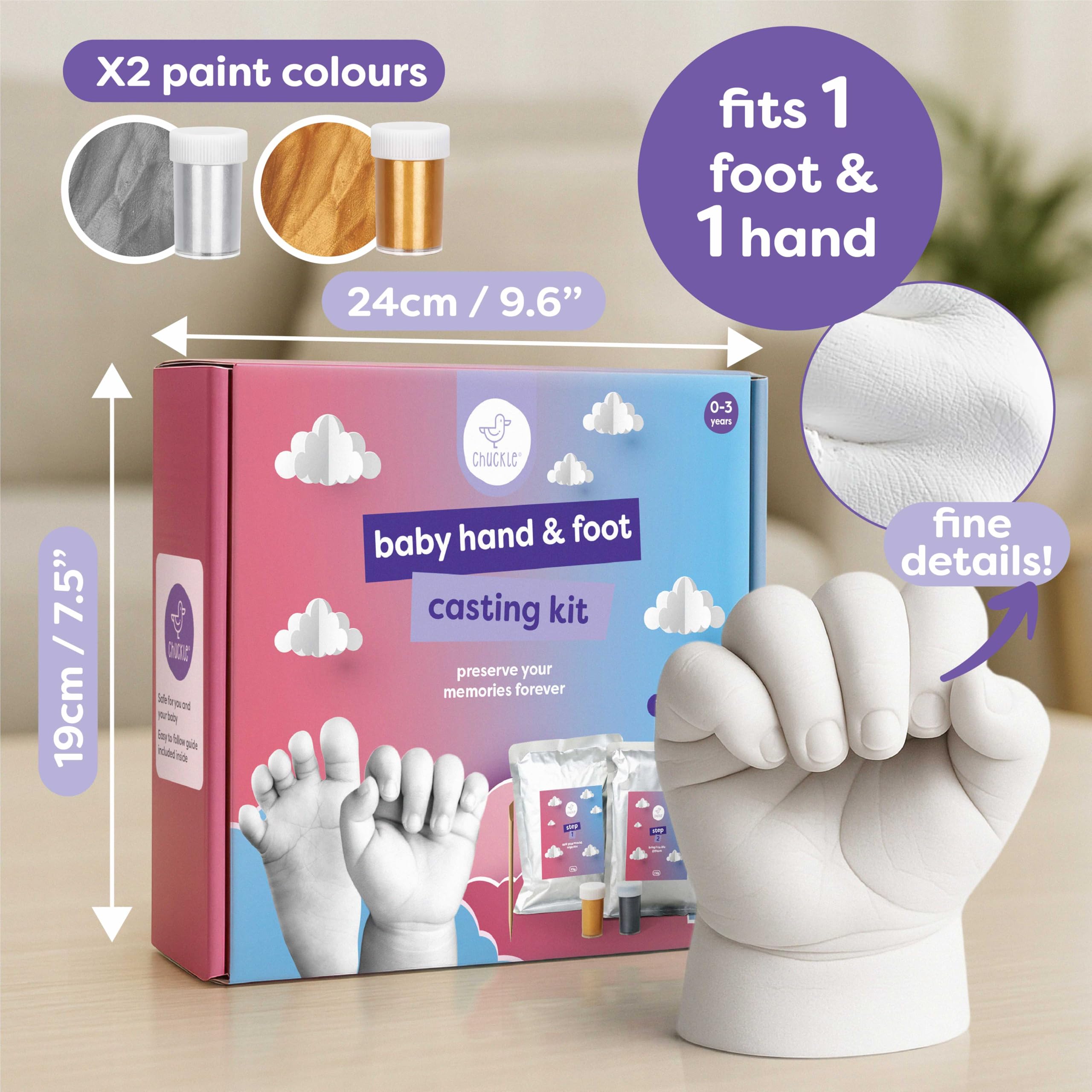 Chuckle Baby Handabdruck und Fußabdruck Set, 3D Gipsabdruck zum Selbermachen, Andenken zur Geburt