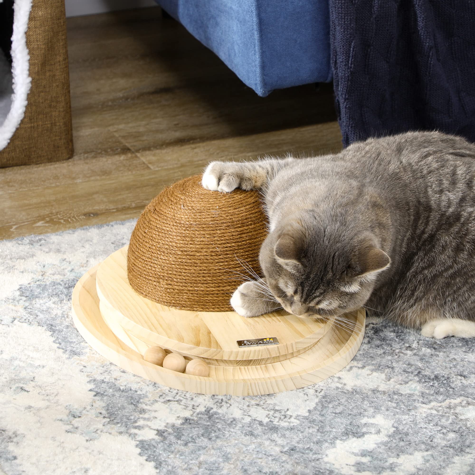 PawHut Interaktives Kratzspielzeug, 2-in-1-Design Katzenspielzeug mit Kugelbahn und Kratzbrett, Kratzmöbel für Katzen, Jute, Kiefernholz, Natur+Kaffee, 39,5 x 32,5 x 14,5 cm