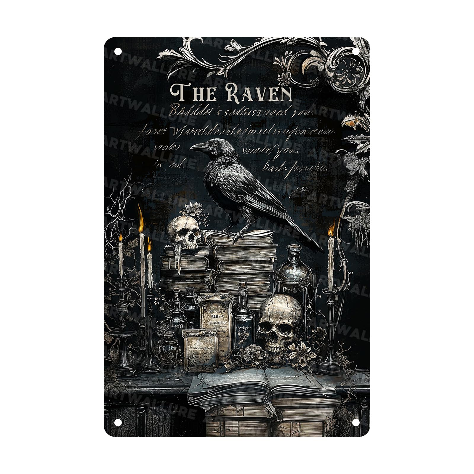 Gothic Crow Vintage Metal Sign Raven Wall Decor Skull Metal Poster Witchy Art Plaque Gothic Raven Decoration for Man Cave Funny Garage Bar Shed 8x12inch