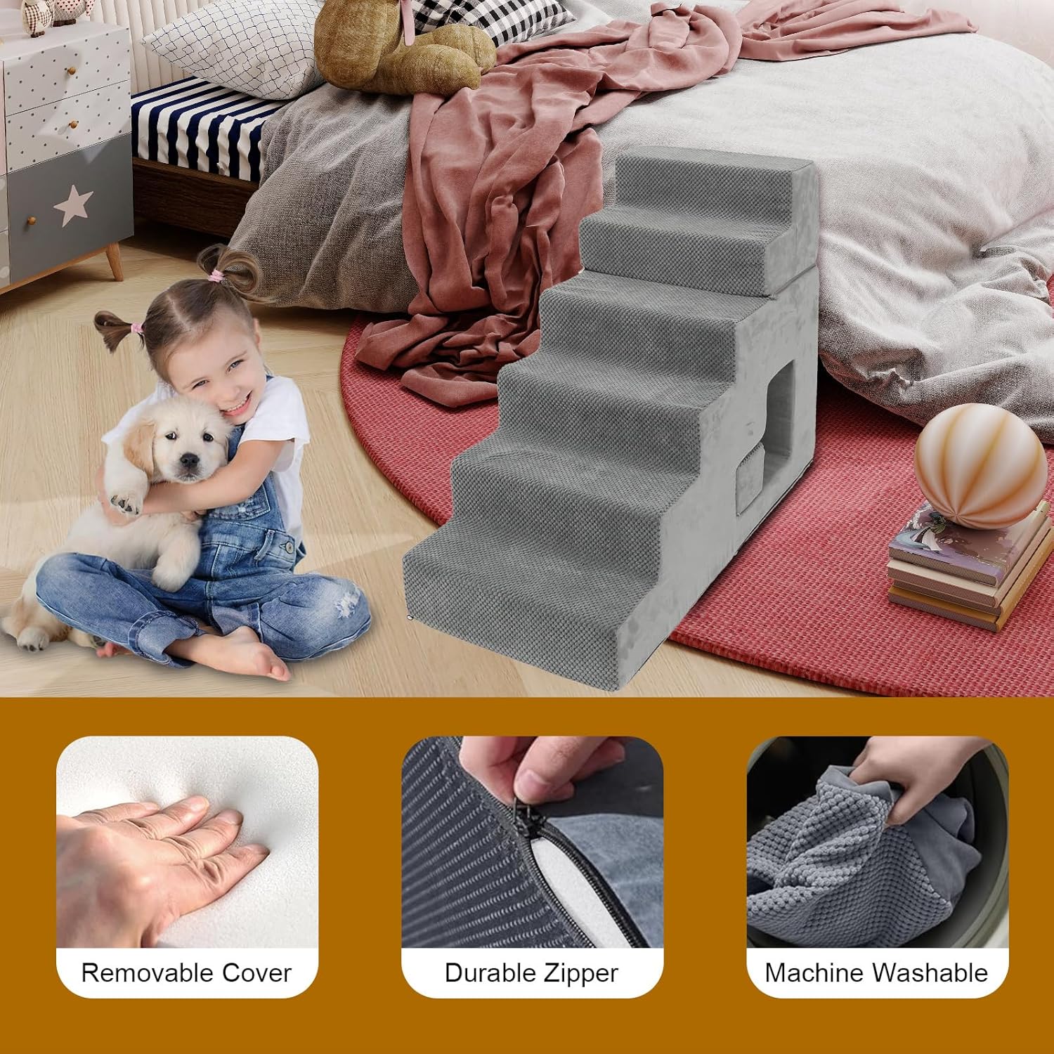 Dog Stairs for Small Dogs 27”H, 6-Step Dog Steps for High Bed, High-Density Foam Pet Stairs with Non-Slip Removable Washable Cover to Get on Bed