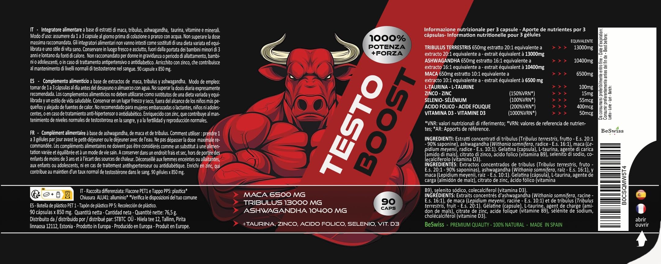 Maca 6500mg, Ashwagandha 10.400m,g Tribulus 13.000mg + Taurina, Zinco e Selenio | Alto Dosaggio, 120 Capsule