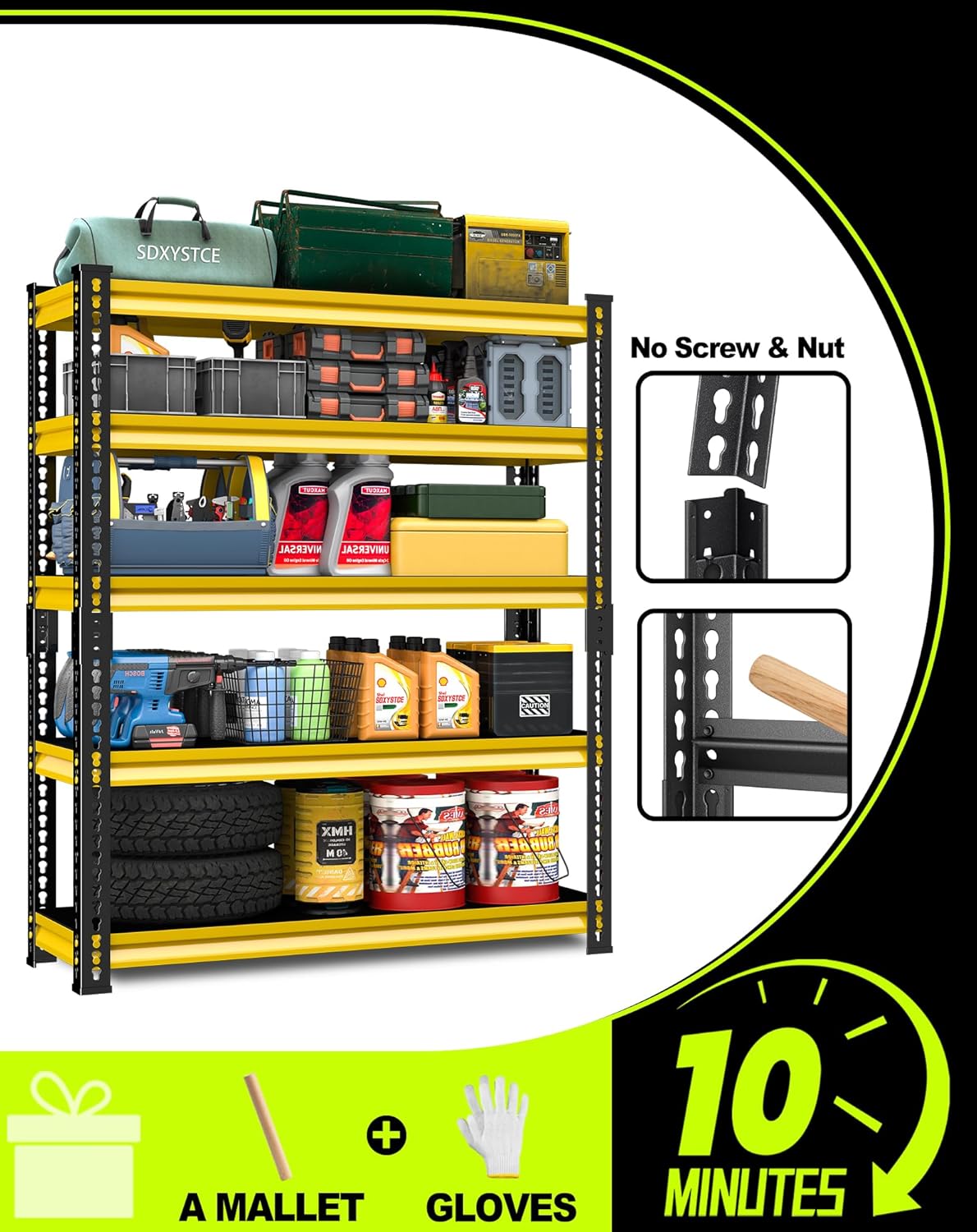 Garage Shelving Heavy Duty 2500LBS Loads, 48" W Adjustable Garage Storage Shelves, 5-Tier Metal Shelving Units and Storage, Industrial Utility Shelf, 48" Wx18 Dx78 H,Yellow
