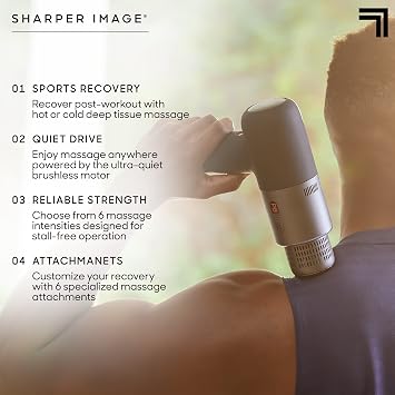 Sharper Image Powerboost Hot + Cold Massage Gun Bundle - Deep Tissue Percussion Massagers with Heat/Cool Therapy, Multiple Attachments & Speeds, Quiet Ergonomic Design, Muscle Relief Workout Recovery