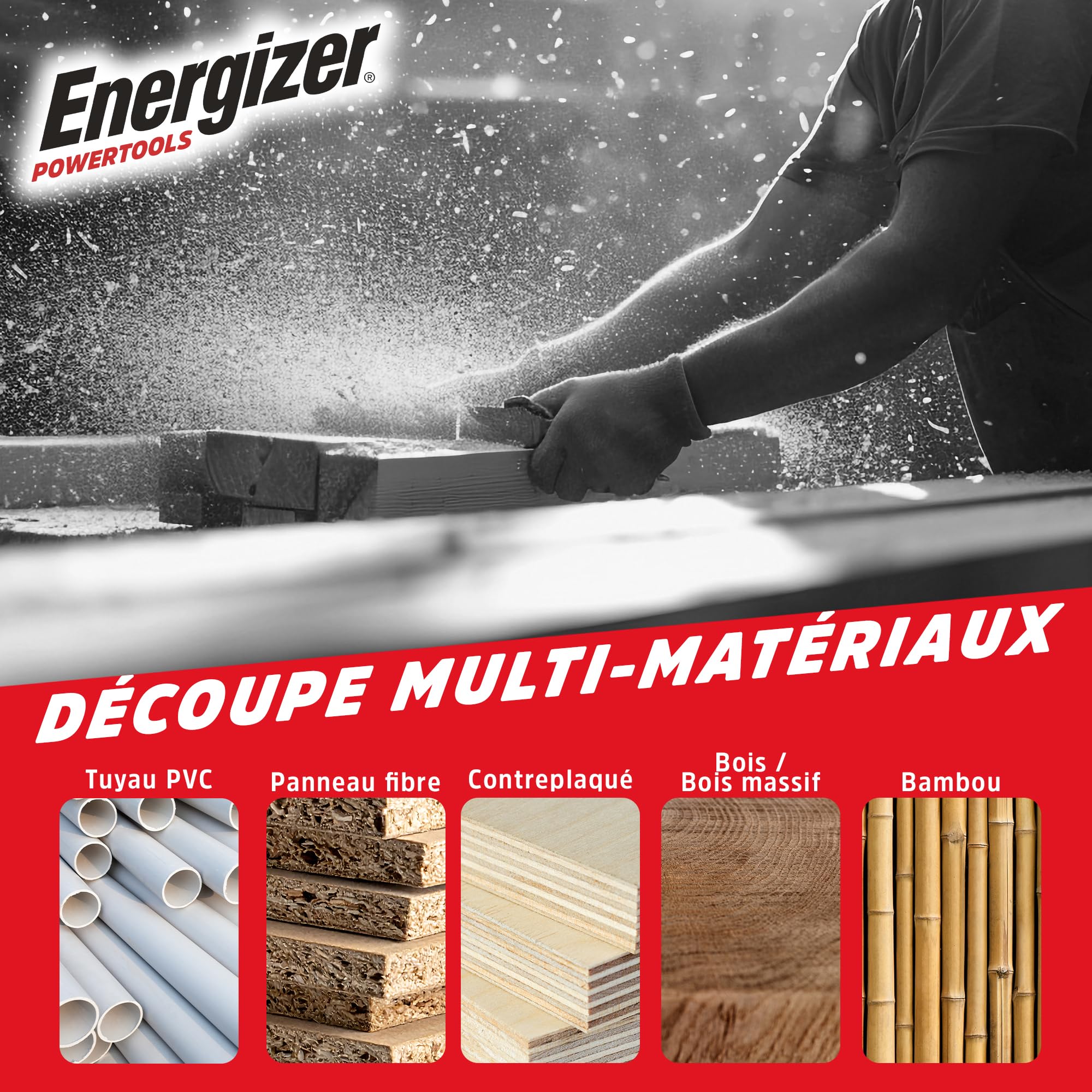 Energizer - Sierra circular a batería de 20 V (pilas incluidas) - 4000 rpm - Hoja de 165 mm/Corte hasta 45 mm (33 mm a 45°) - Guía de desplazamiento + llave de cambio + hoja para madera incluida