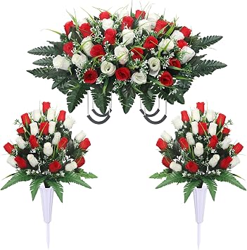Lodou Artificial Cemetery Flower Saddles for Graves, Cemetery Memorial Flowers with Vase and 2 Memorial Bouquets for Grave Tombstone,Outdoor Grave Saddle Headstone Decorations Red White