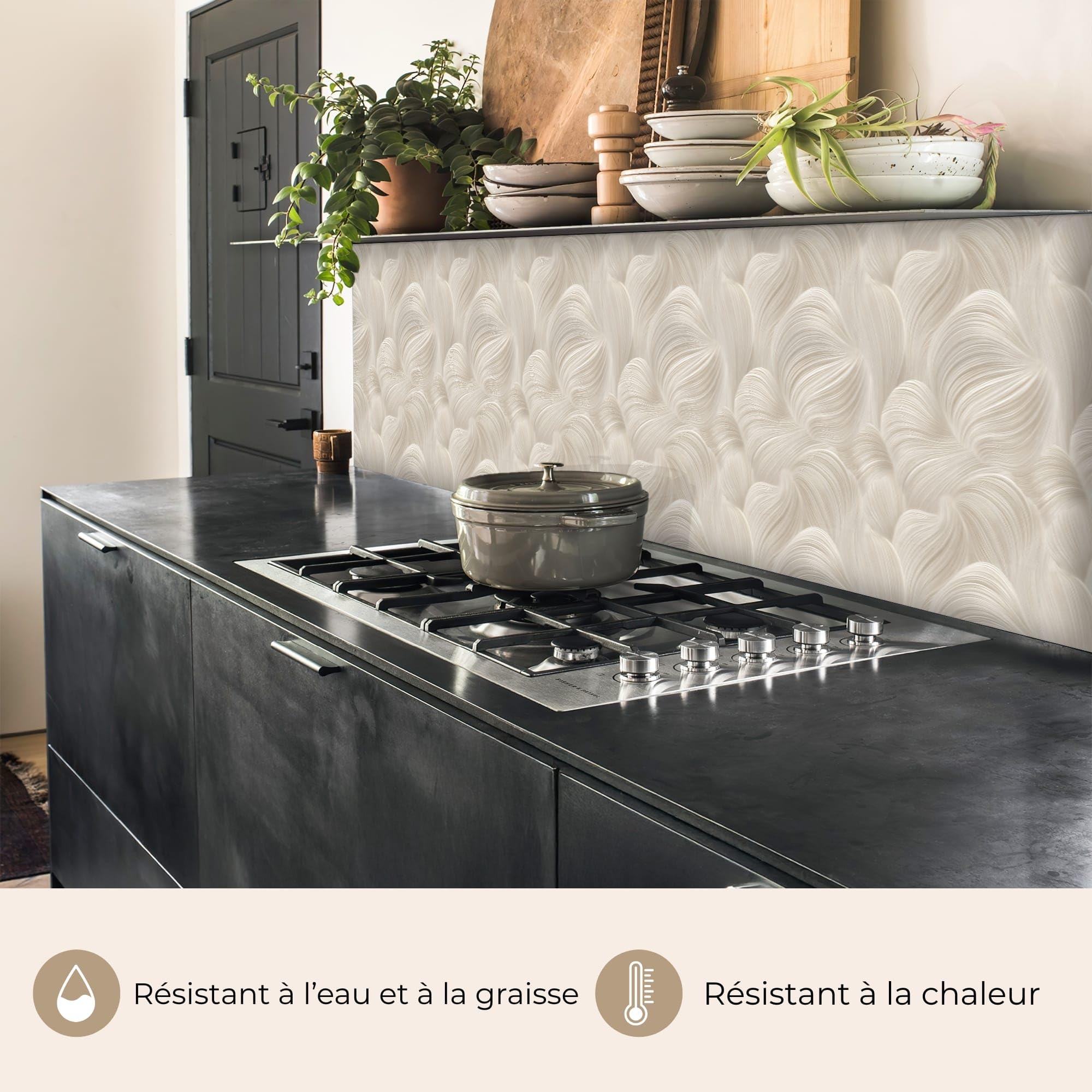 KitchenYeah© Crédence Cuisine À Coller 60x400 cm Protection Plaque De Cuisson Adhesif Plastique Rigide Dalle Murale Lines - Ventilateur - Beige