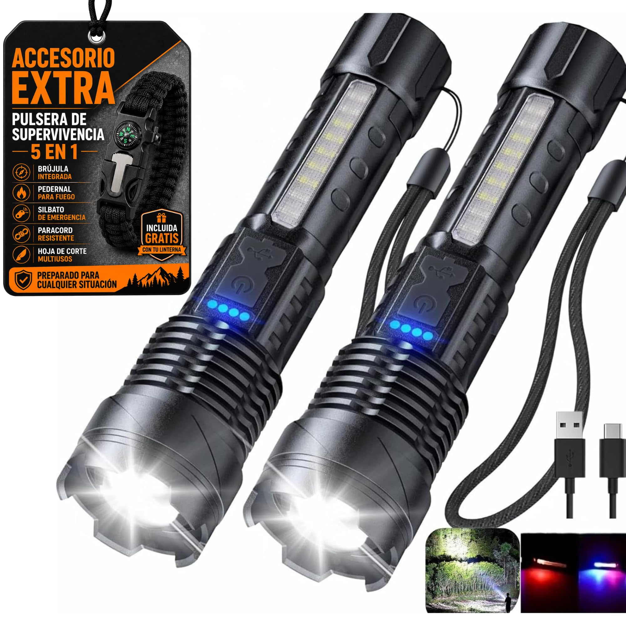Pack 2 Linternas LED Alta Potencia Recargables USB – Linterna Táctica con 7 Modos, Luz Lateral COB, Enfoque Ajustable, Impermeable IPX6 + Pulsera Paracord – Para Emergencias, Camping, Coche, Caza