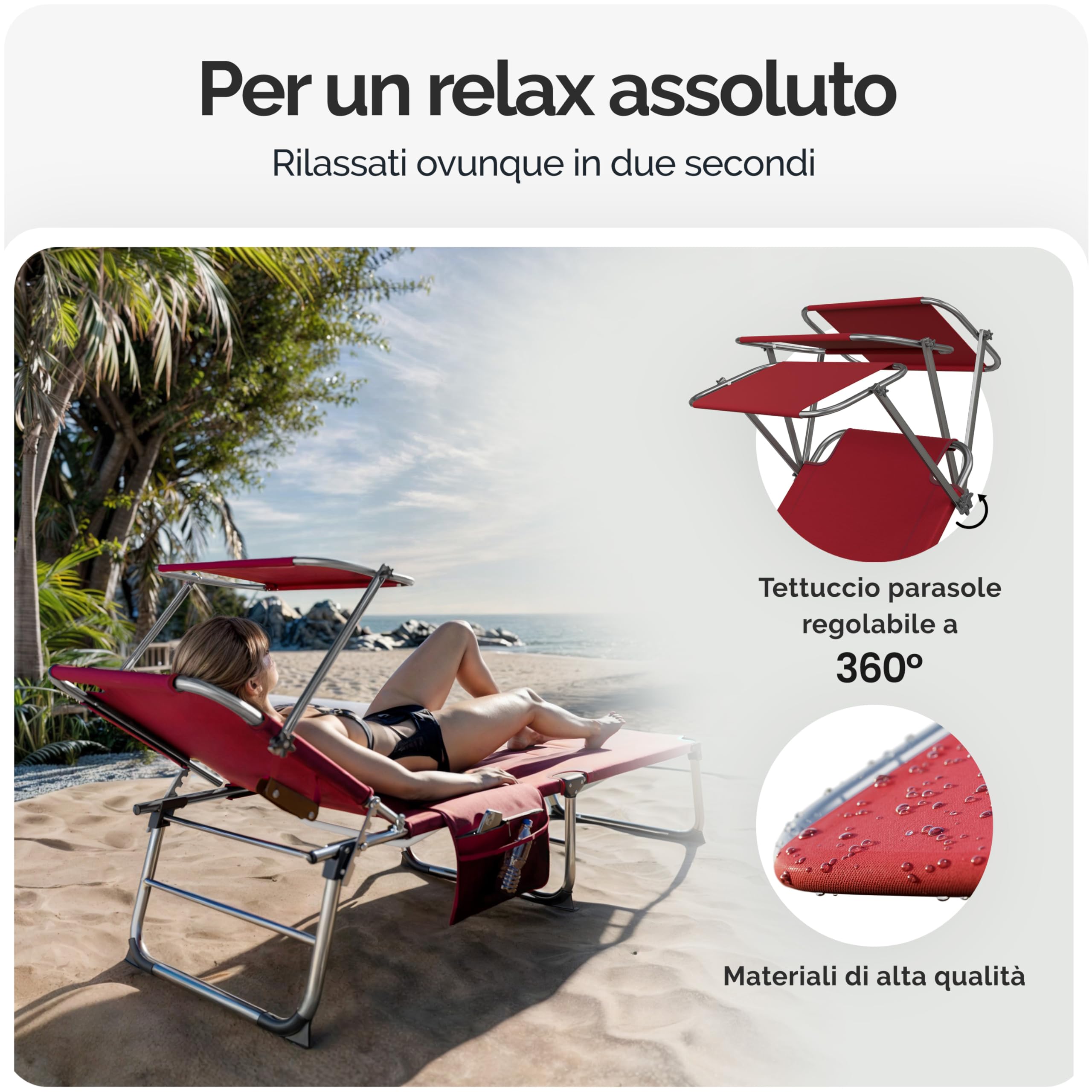 CASARIA® Lettino Ibiza 190x59cm Carico Max 150 Kg Pieghevole Sdraio Alluminio Prendisole Mare Giardino con Tettuccio Trasportabile