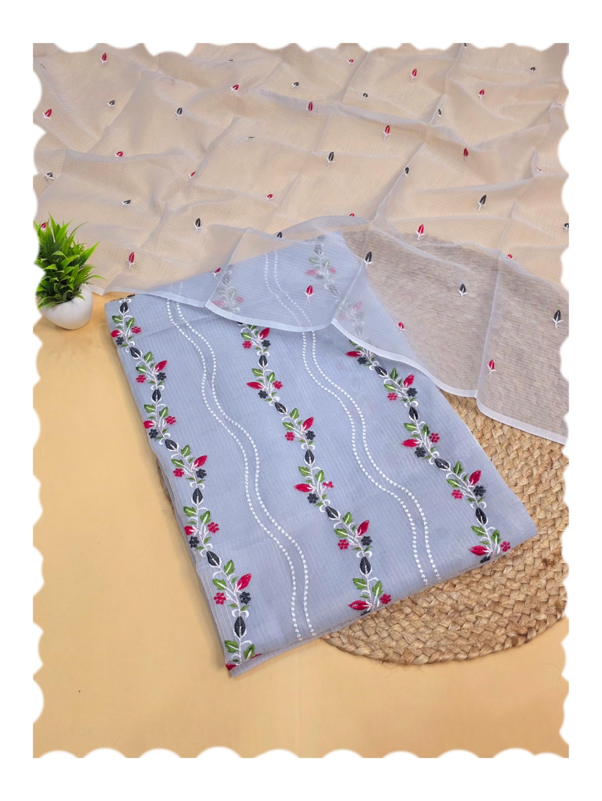 sunehridoria Women's Kota Doria Suit With Designer Embroidery Cotton Blend Fabric 2.5 Meter Top And 2.5 Meter Dupatta Only No Bottom-picture-30