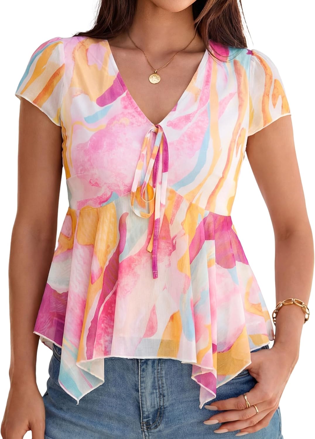 Simplee Womens Summer Babydoll Tops Floral Dressy Short Sleeve Peplum Top Casual Flowy V Neck Beach Shirts 2026