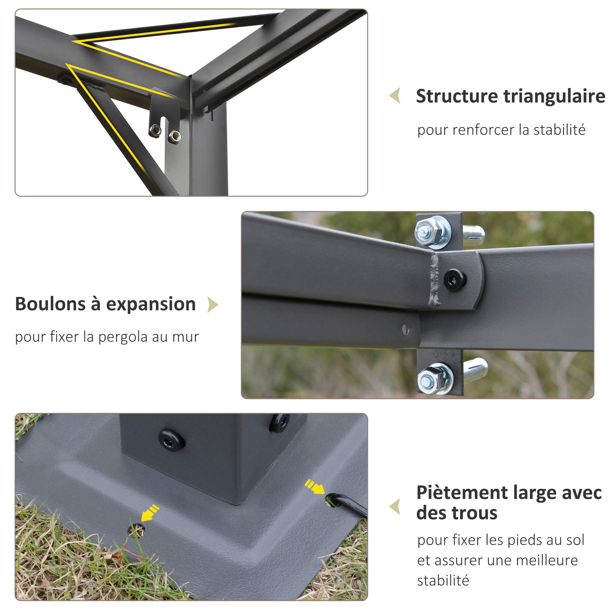 Outsunny Pergola adossable Retractable dim. 3L x 3l x 2,3H m pavillon de Jardin Toile Polyester Haute densité crème Structure métal époxy Gris