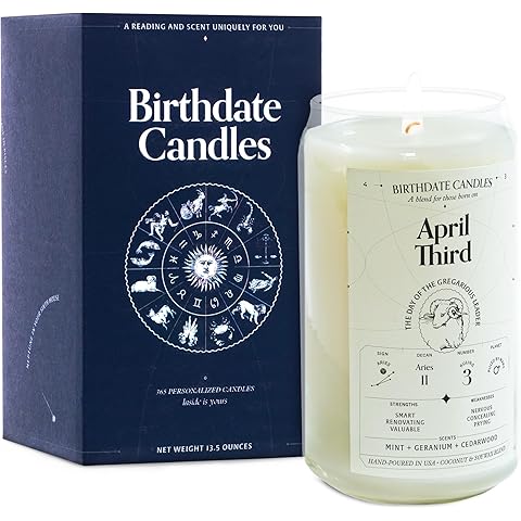 Birthdate Candles, April 3 - Aries Zodiac Scented Candles Birthday Gift - Mint, Geranium & Cedarwood Scent - All-Natural Soy & Coconut Wax, 60-80 Hour Burn Time - Made in USA