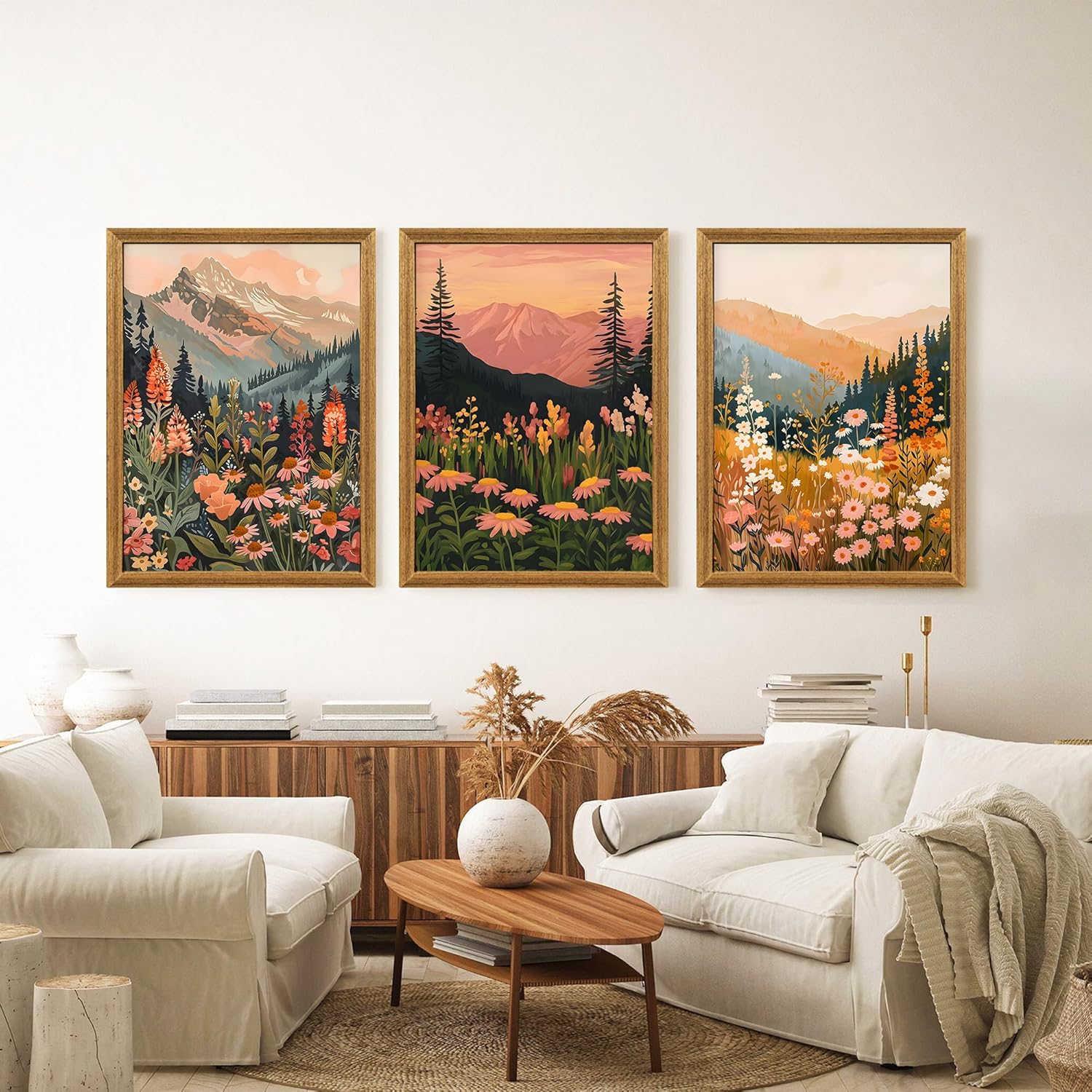 ICHZUMW Framed Boho Abstract Landscape Mountain and Floral Canvas Wall Art Set of 3, Colorful Nature Botanical Paintings Artwork, Large Wildflower Wall Decor for Living Room Bedroom Office, 12x16in