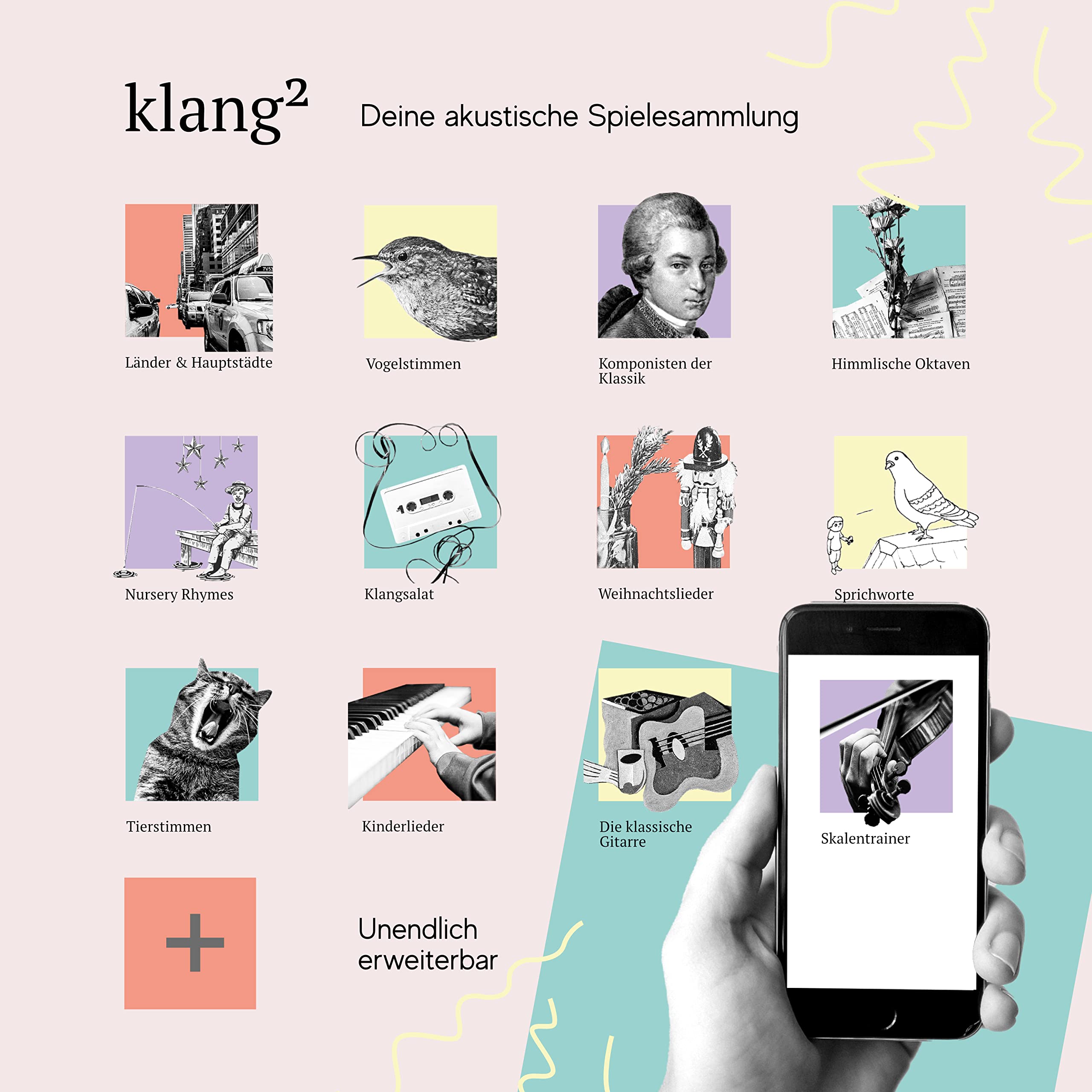 Klang² Audiomemo - Preisgekröntes Lernspiel, Gedächtnisspiel, Gehörtraining, Familienspiel, Spielesammlung aus Ahorn - Made in Germany