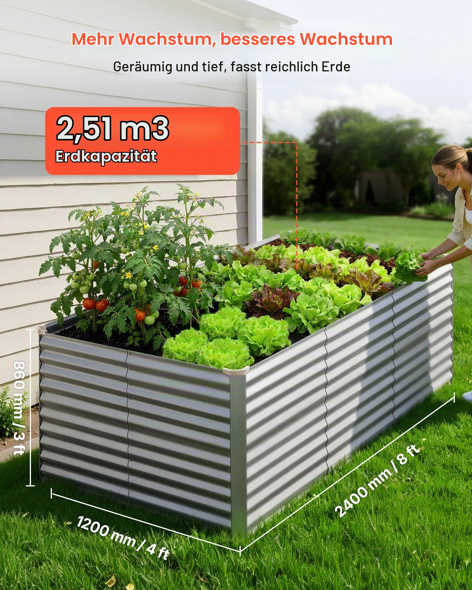 VEVOR Hochbeet Metall 2400x1200x860 mm, Rechteckiges Gartenbeet, Pflanzkasten-Set für den Außenbereich, Gemüsebeet mit Handschuhen, Blumenbeet Bodenlos, Pflanzbeet für Blumen & Gemüse, Silber