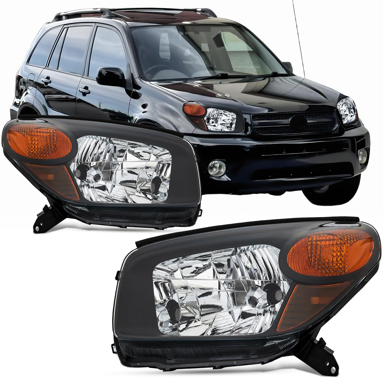 Headlights Assembly Compatible With 2004 2005 Toyota RAV4 Replacement Headlamp, Driver and Passenger Side,Pair Black 05 04 RAV 4 Head Light set