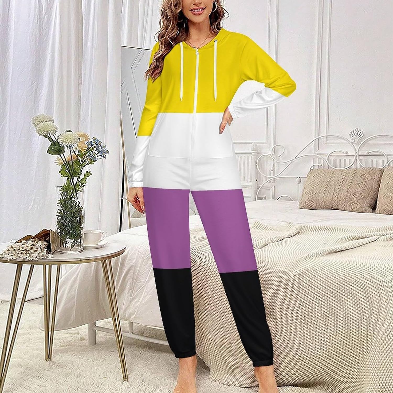 Non-Binary Community Flag Adult Pajamas Onesie with Hood Pocket Jumpsuits One Piece Sleepwear