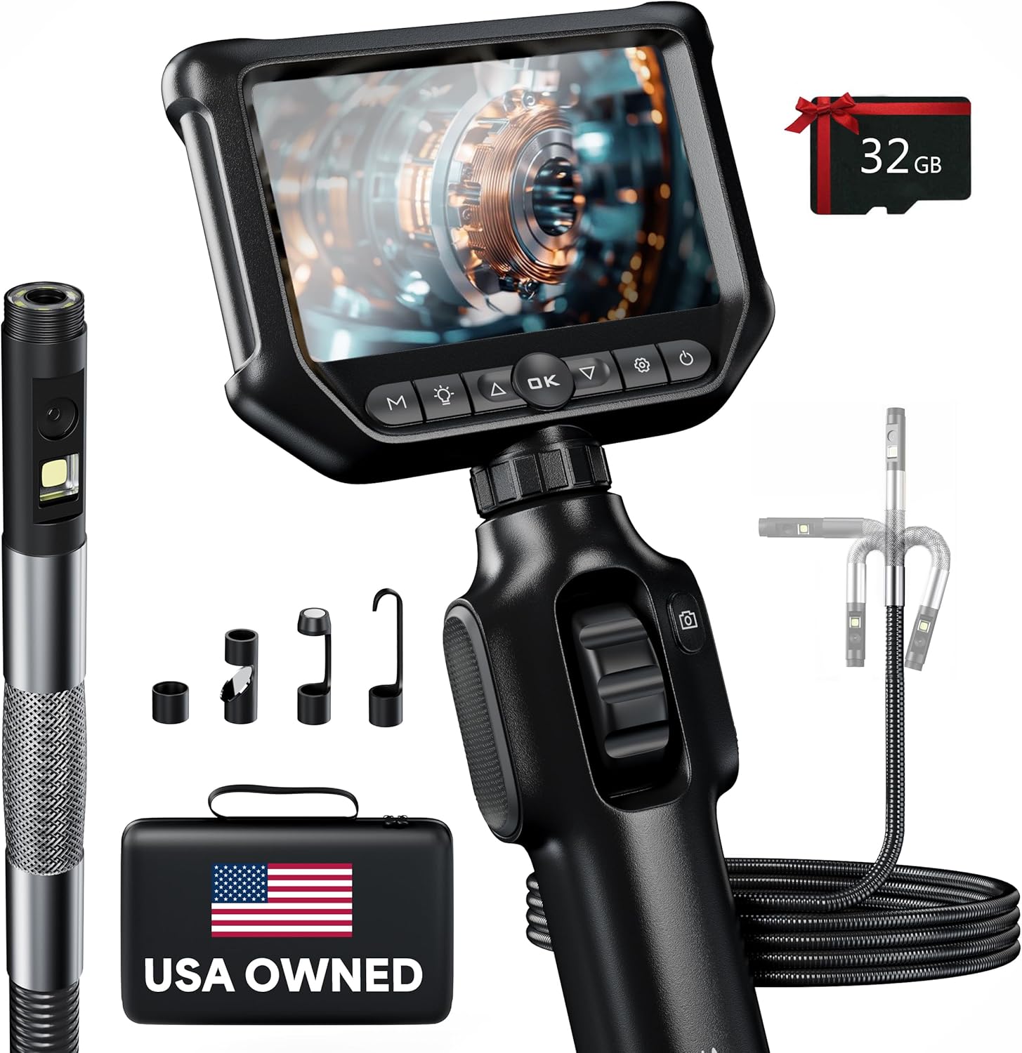 Two-Way Articulating Borescope, Dual Lens Inspection Camera with Light, 6mm Lens Snake Camera for Mechanic Inspections, and Plumbing, .24in Borescope Automotive, Industrial Endoscope, 5ft