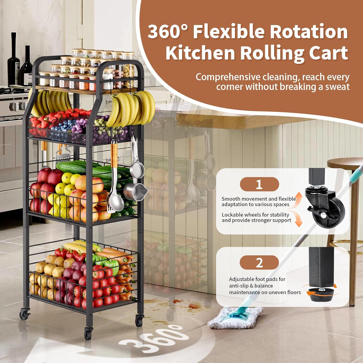 VINAEMO 4 Tier Vegetable Fruit Basket for Kitchen, Vegetable Rack Storage Stackable Basket Stand with Wheels, Higher Fruit Holder with Spice Rack and Hooks for Kitchen, Office, Store, Pantry