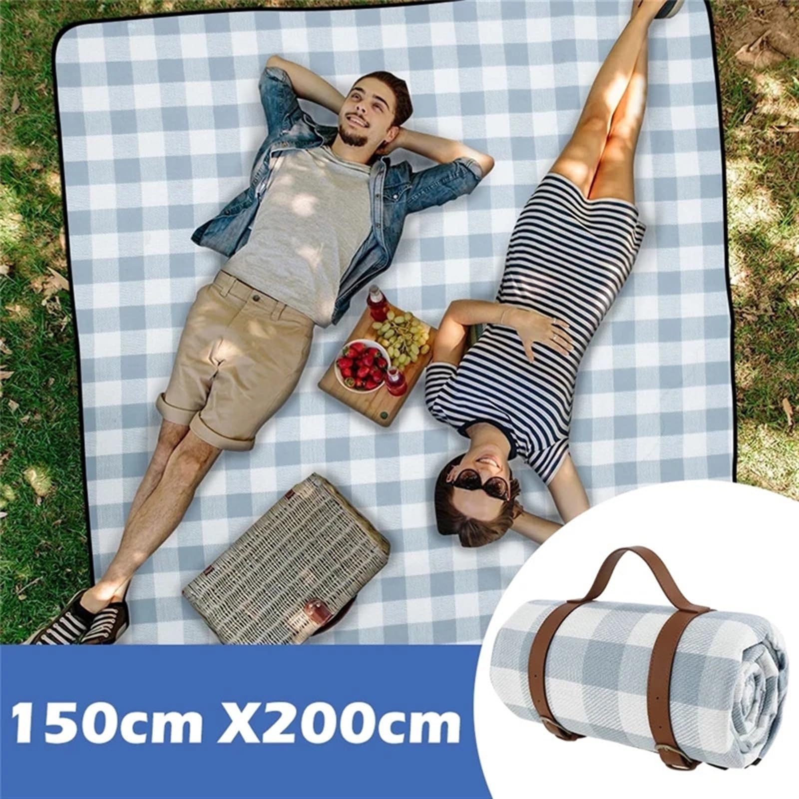 Tappetino da spiaggia impermeabile senza sabbia, multicolore, 150 x 200 cm, con cinturino in pelle, perfetto per campeggio e avventure all'aria aperta, design Roze