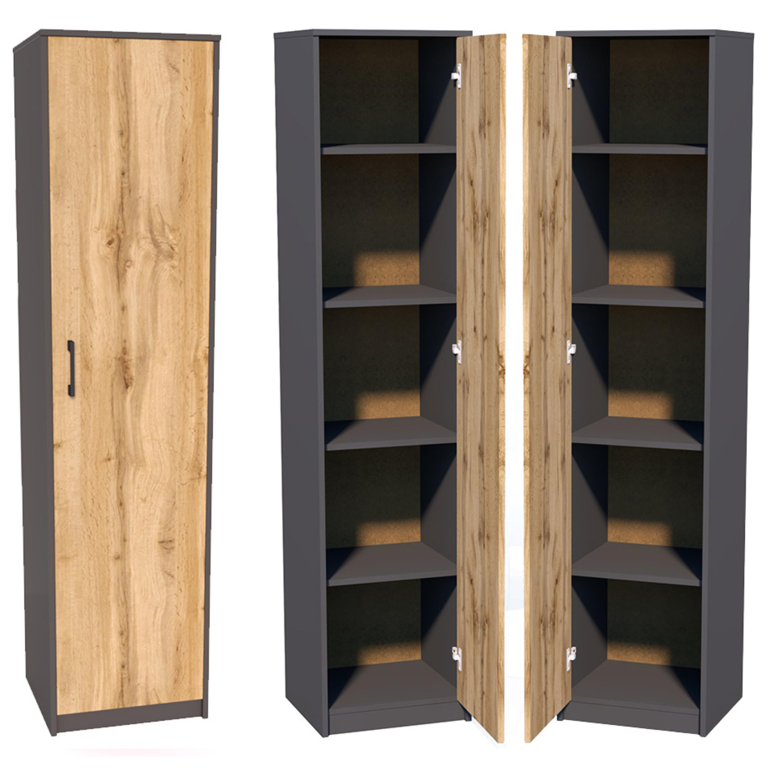 Aktenschrank Graphit/Eiche Wotan 180x40x35 cm Ordnerschrank für Akten 1 Tür und 5 Fächern Schmaler Büroschrank für Homeoffice Mehrzweckschrank Büro Wohnzimmer Flur Hochschrank aus 16 mm Möbelplatte