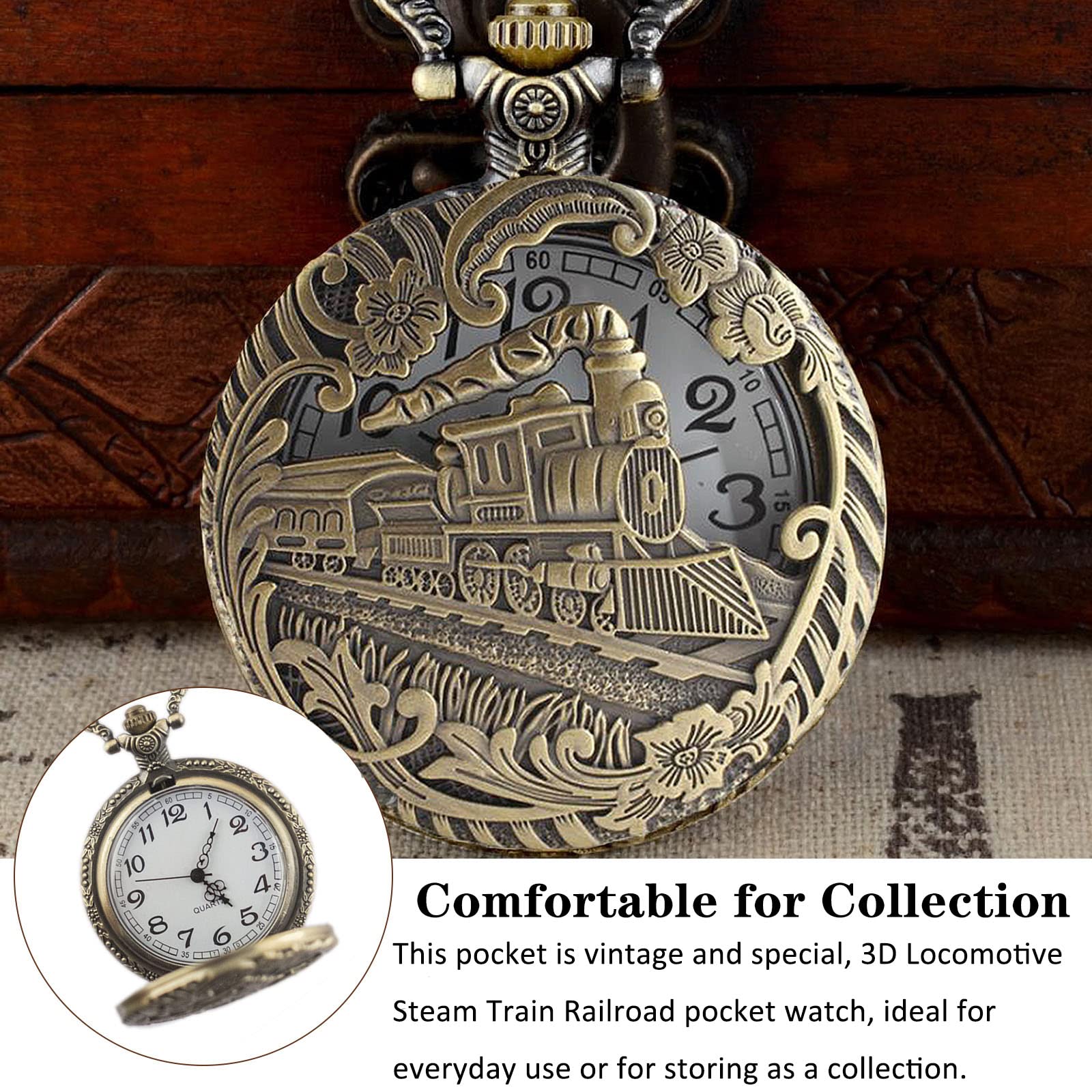 tasca, Orologio da tasca classico al quarzo scolpito con catena corta for uomo e donna, modello treno a vapore 3D