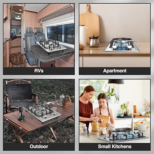 Miniatura 7 de Estufa de cocina a gas, 2 quemadores, portátil de acero inoxidable de 12 pulgadas, combustible dual GLP/NG, estufa de gas integrada, ideal