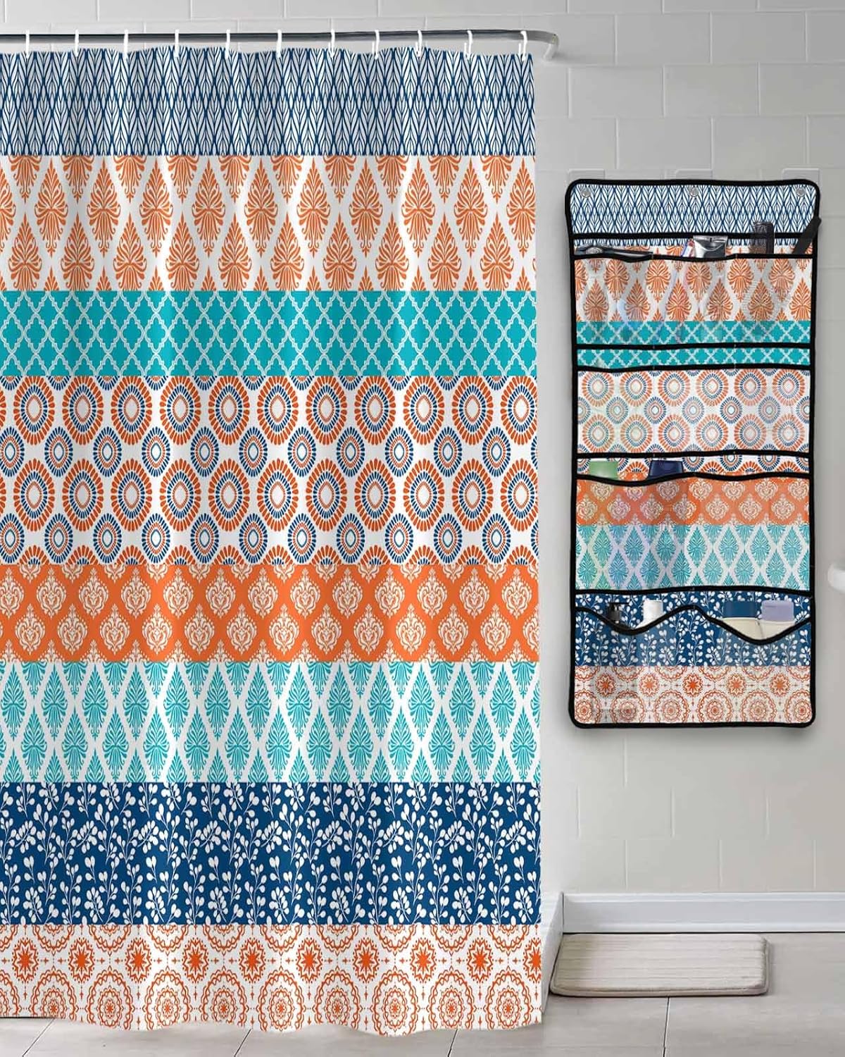 Shower Curtain Mesh Shower Organizer Hanging Set Geometric Bohemia Stripes Orange Turquoise and Blue Waterproof Shower Curtains with