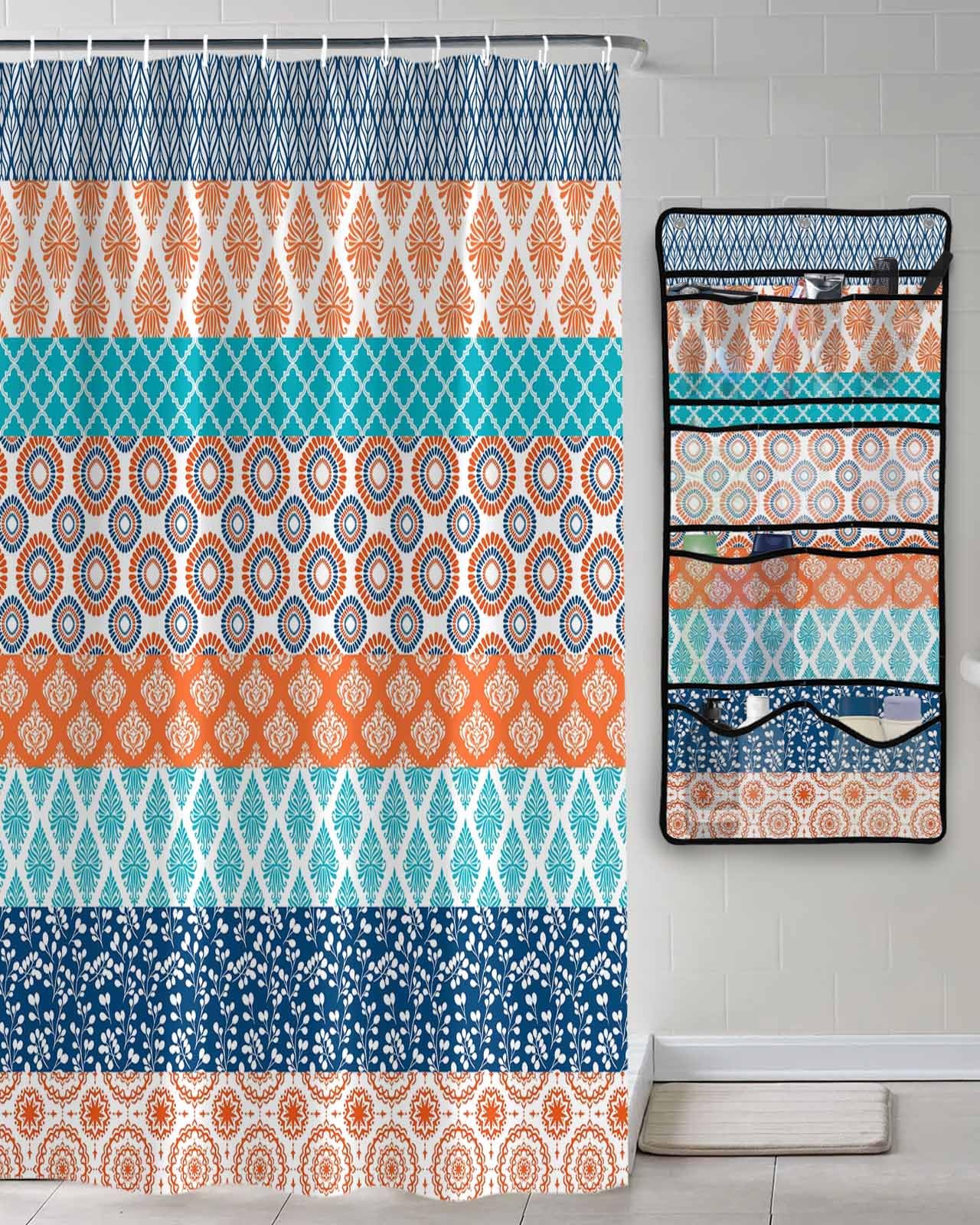 Shower Curtain Mesh Shower Organizer Hanging Set Geometric Bohemia Stripes Orange Turquoise and Blue Waterproof Shower Curtains with