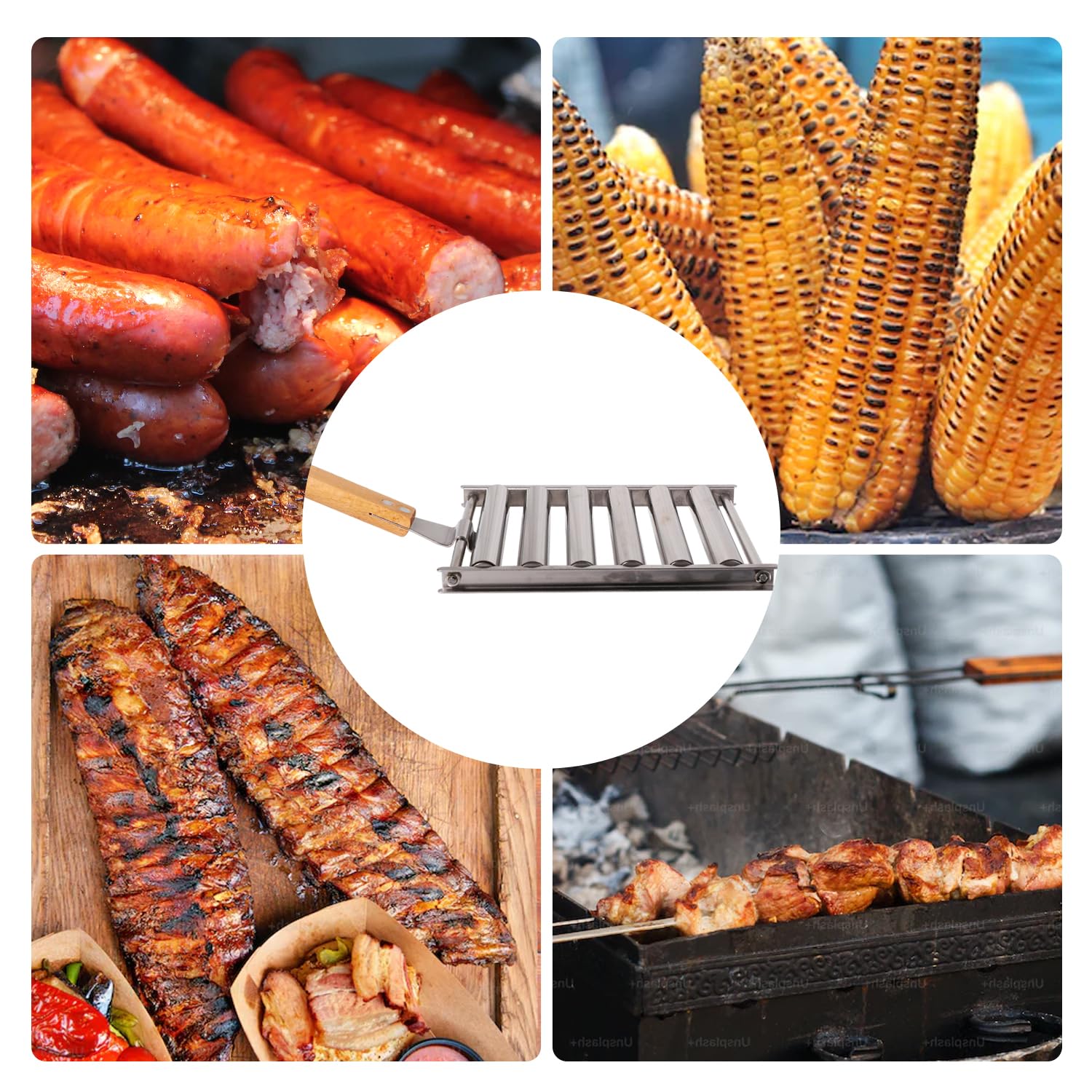 TOYMIS Edelstahl Hot Dog Roller für Grill + Metallspatel mit Langem Holzgriff, BBQ Wurstroller für Grill Platte 6 Rollen zum Halten von 5 Hot Dogs - Outdoor BBQ Essentials