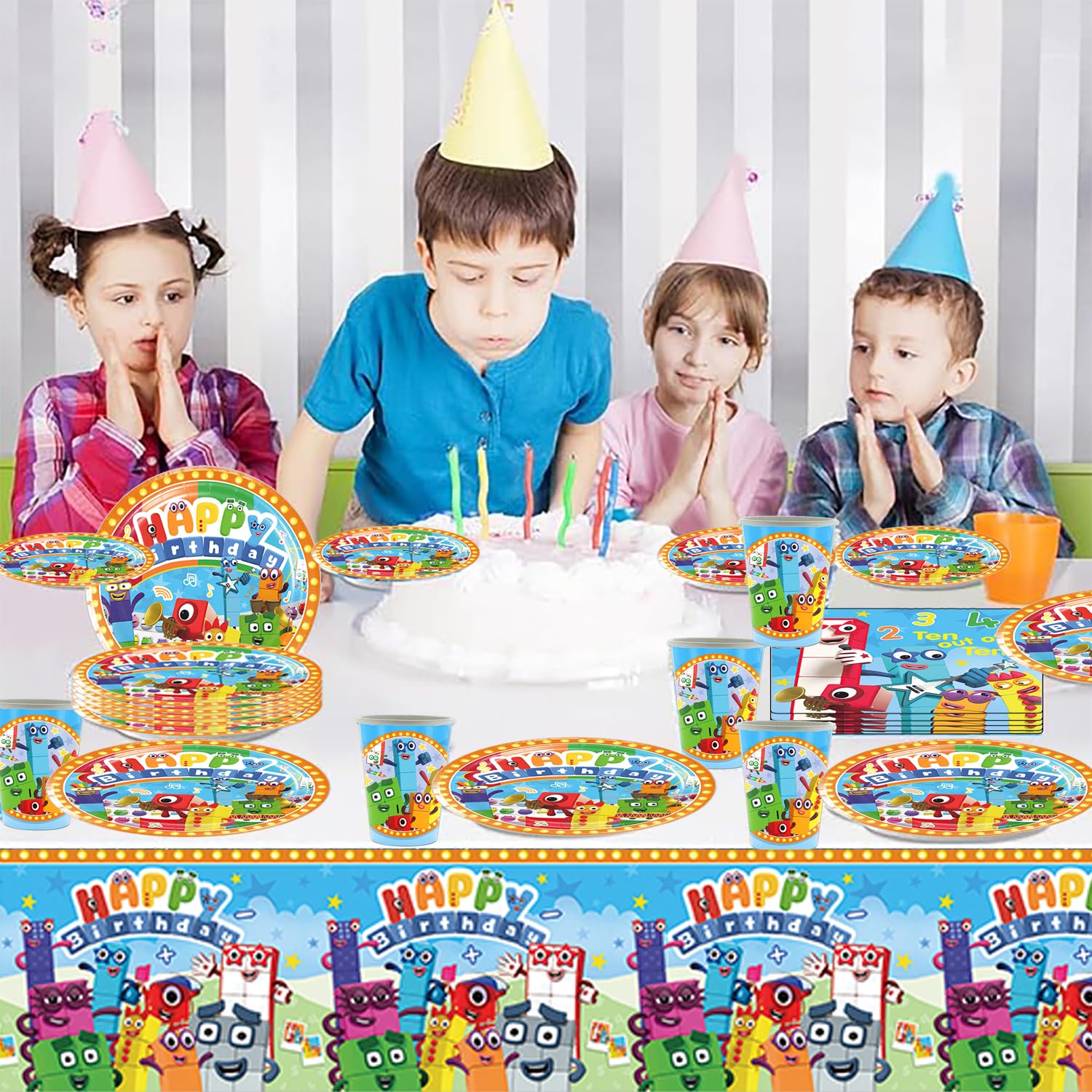 Set di stoviglie per bambini Digital Blocks, Cartoon Blocks Party, comprensivo di tazze, tovaglioli, piatti, tovaglia, adatto per feste di compleanno per bambini, anniversari, per 20 persone!