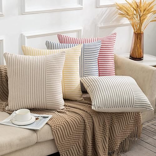 Miniatura 4 de Fundas de almohada de granja de 26 x 26 pulgadas, juego de 2 fundas de almohada cuadradas modernas, decorativas, de lino con retazos de rayas rojas