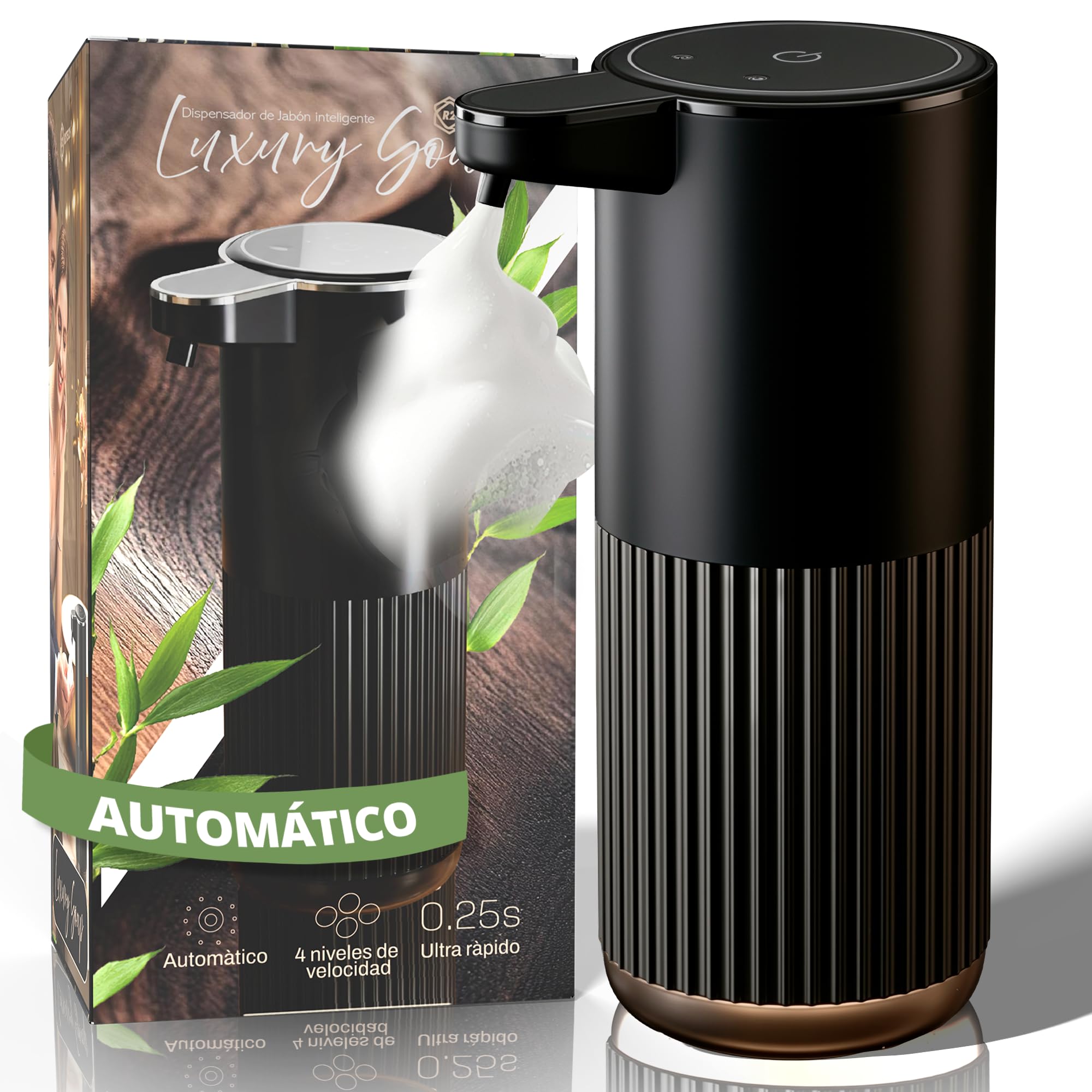 Super Pack - Dispensador Jabon Baño y Cocina Automatico 380ml | Accesorios Baño Sin Taladro | Jabonera Eléctrica con Sensor Infrarrojo | Dosificador Gel USB Recargable | Pantalla LED Digital
