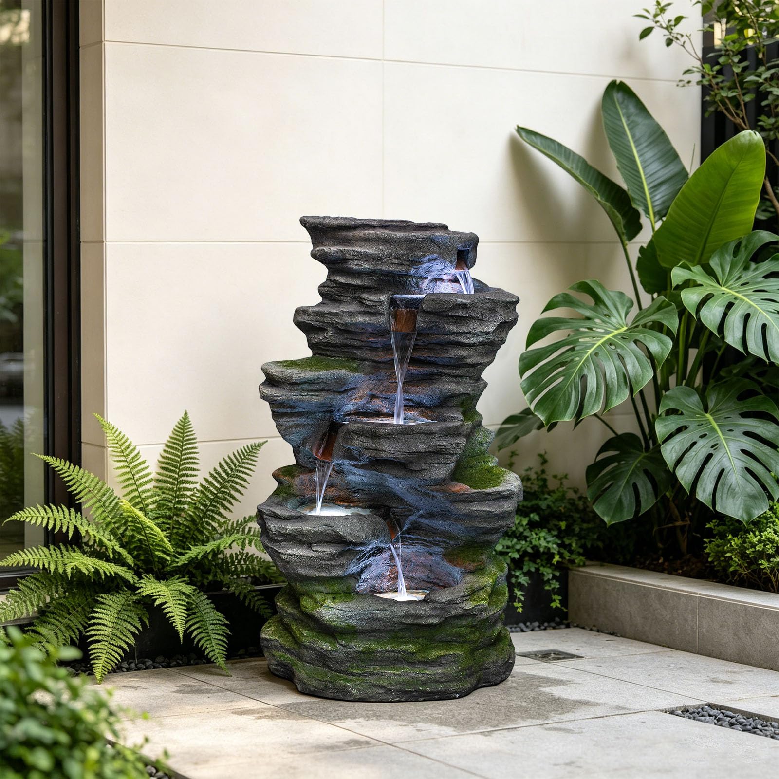 5-Tier Rock Outdoor Water Fountain, Resin &amp; LED Light, 40.2 in