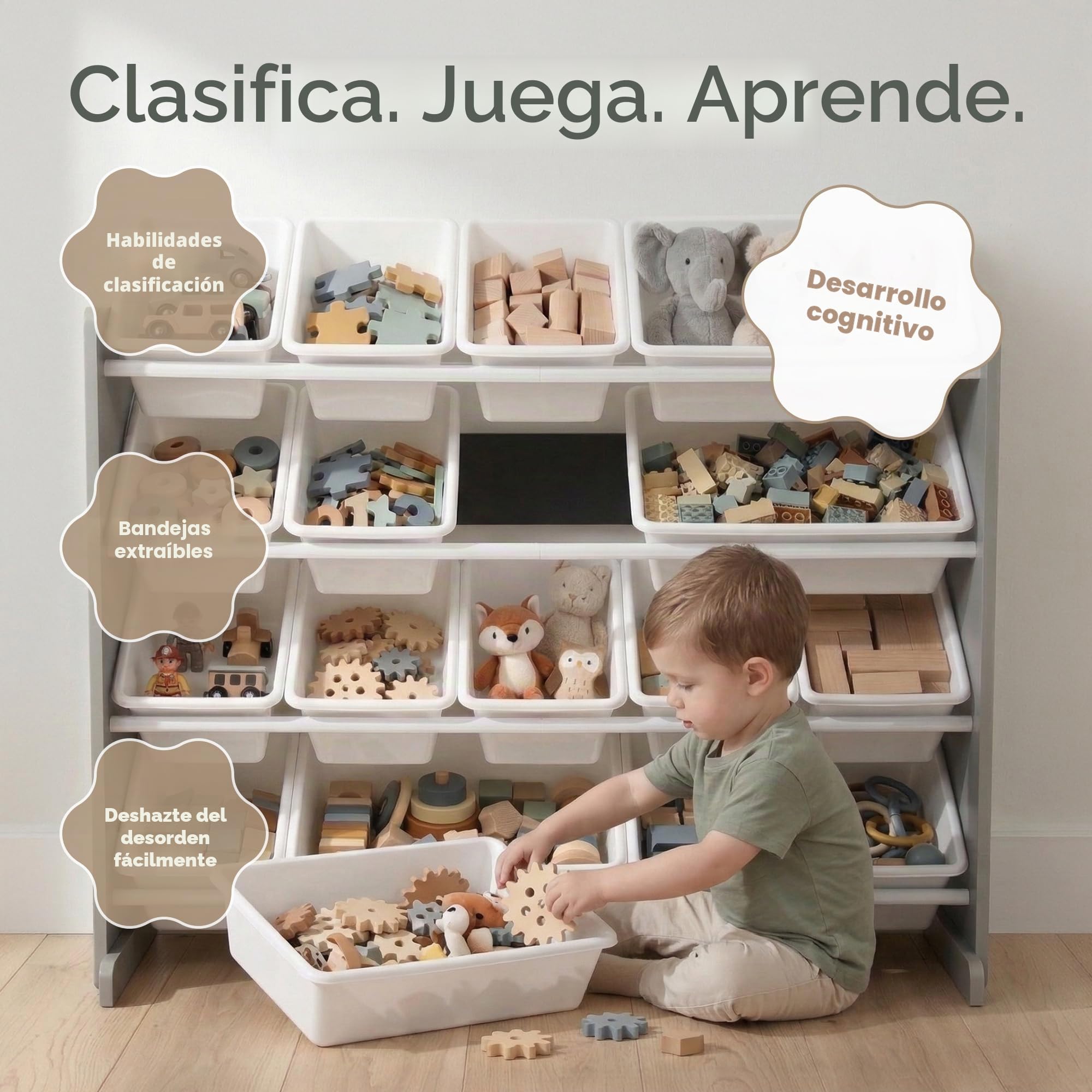 Humble Crew estantería Infantil Gris/Blanco: 16 Cajas Almacenamiento, Madera, Organiza Juguetes, Segura, Moderna, fácil Montaje