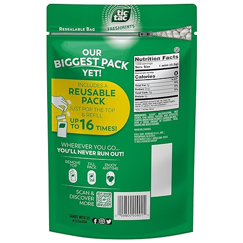 Miniatura 10 de Tic Tac Bolsa de recarga a granel de mentas frescas, caramelos de menta de bolsillo para llevar, incluye paquete recargable vacío, 17.2 oz